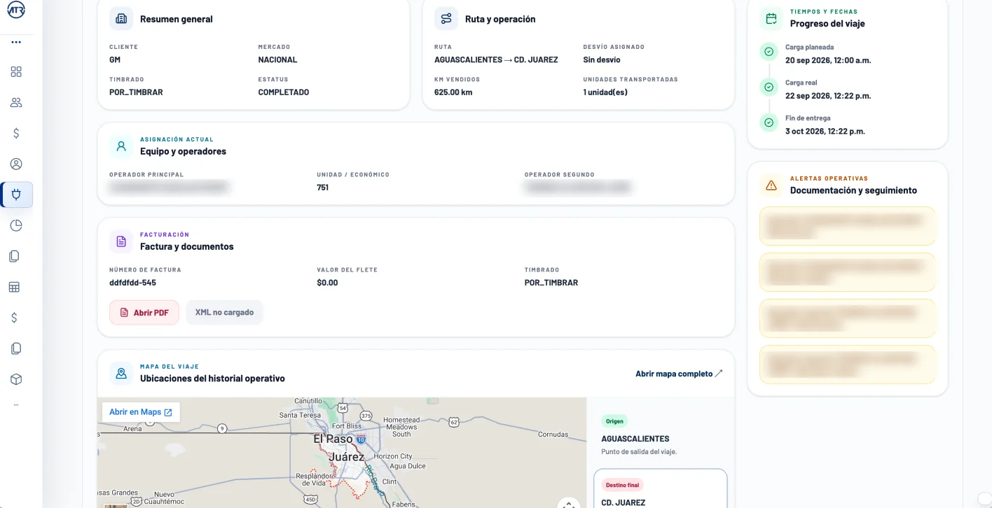 Detalle de un viaje en Hauler ERP con ruta Aguascalientes a Cd. Juárez, operadores, factura y alertas