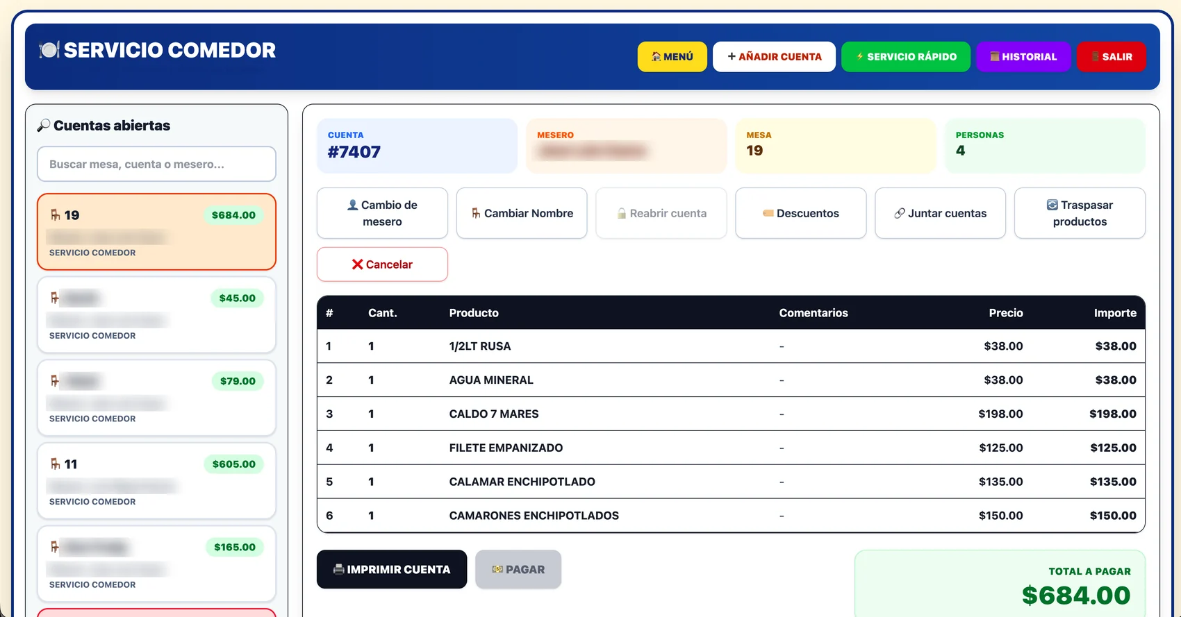 Servicio comedor de GastroOS: cuentas abiertas, productos de la cuenta y total a pagar