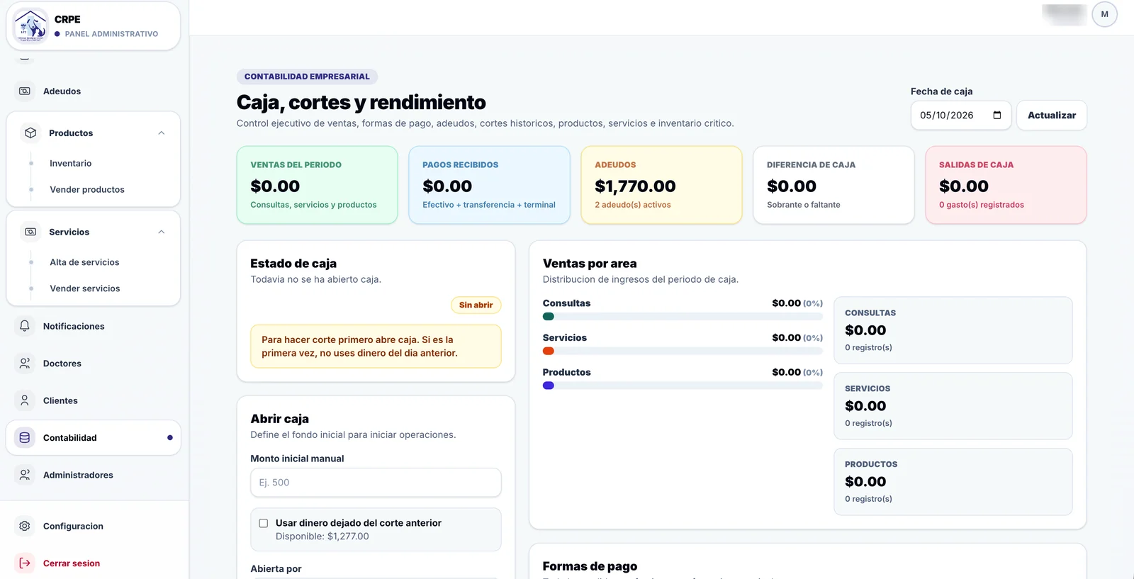Caja, cortes y rendimiento en VetCore: ventas, pagos recibidos, adeudos y diferencia de caja