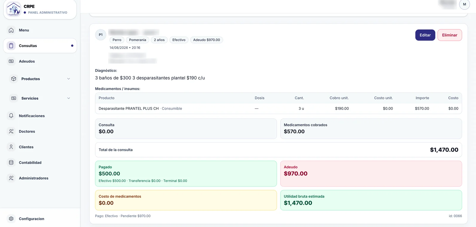 Consulta en VetCore: diagnóstico, medicamentos e insumos, total, pagado, adeudo y utilidad bruta estimada